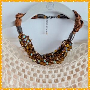 Amber iridescent beaded necklace, silver tone accents on a cord Gift Vintage